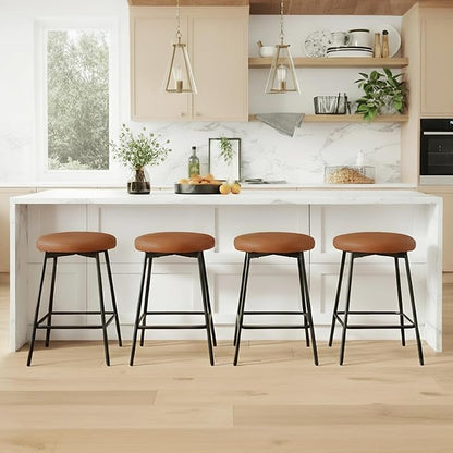 Swivel Bar Stools Set of 3, 24" Counter Height Bar Stool, Backless Barstools with Faux Leather Upholstered Seat&Sturdy Wood Legs for Kitchen Island, Brown