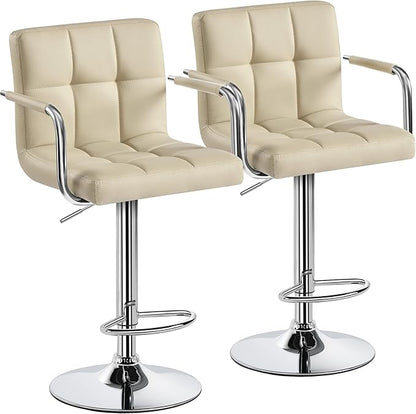 Yaheetech Bar Stools Set of 2, PU Leather Adjustable Swivel Barstools, Hydraulic Kitchen Counter Height Chairs with Armrest and Back for Kitchen, Dining Room, Khaki