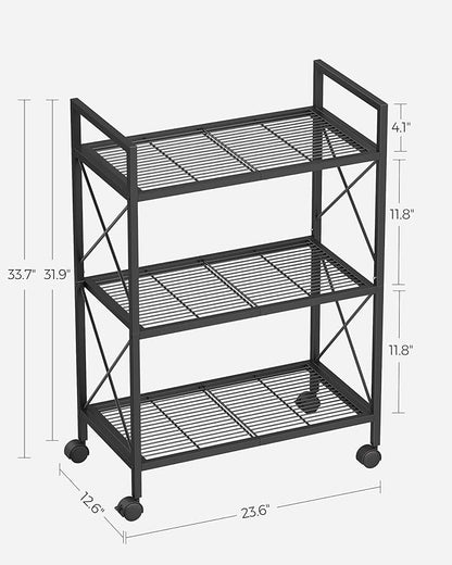 SONGMICS 3-Tier Metal Storage Rack with Wheels, Mesh Shelving Unit with X Side Frames, 23.6-Inch Width, for Entryway, Kitchen, Living Room, Bathroom, Industrial Style, Black UBSC163B01