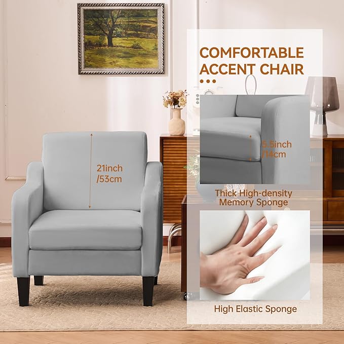 Accent Chair for Living Room, Modern Velvet Living Room Chairs with Wide Backrest, Upholstered Comfy Chair with Cushion, Oversized Sofa Chair with Wood, Single Armchair for Bedroom, Grey