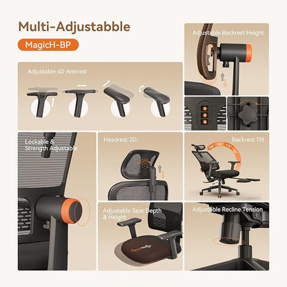 Newtral Office Chair Ergonomic with Footrest, Auto-Following Lumbar Support, High Back Desk Chair with 4D Armrest,136° Tilt Lock, Adjustable Seat Depth & Height (2D Headrest, Black)