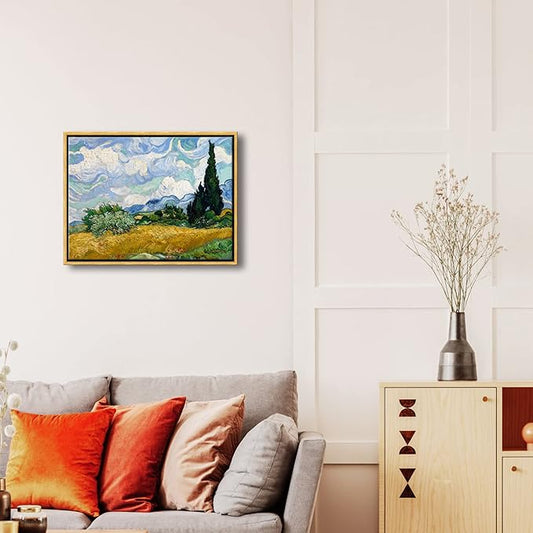 Wieco Art Framed Wall Art of Wheat Field with Cypresses by Vincent Van Gogh Paintings Reproduction Abstract Canvas Prints for Home Living Room Decorations Bronze Gold Frame