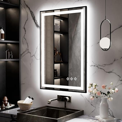 LED Mirror for Bathroom, 24x36 Inch Black Framed Gradient Front and Backlit LED Bathroom Mirror, 3 Colors Dimmable CRI>90, IP54 Enhanced Anti-Fog Bathroom Mirror with Lights