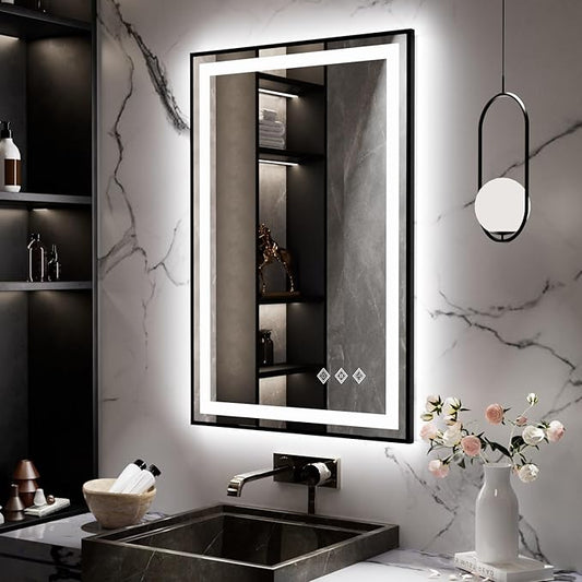 LED Mirror for Bathroom, 24x36 Inch Black Framed Gradient Front and Backlit LED Bathroom Mirror, 3 Colors Dimmable CRI>90, IP54 Enhanced Anti-Fog Bathroom Mirror with Lights