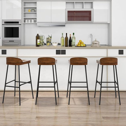 COSTWAY Bar Stool Set of 4, 29'' Industrial Pub Stool with Low Backrest and Footrest, Metal Legs, Breakfast Counter Height Chair for Island Living Room Kitchen Bar, Rustic Brown & Black