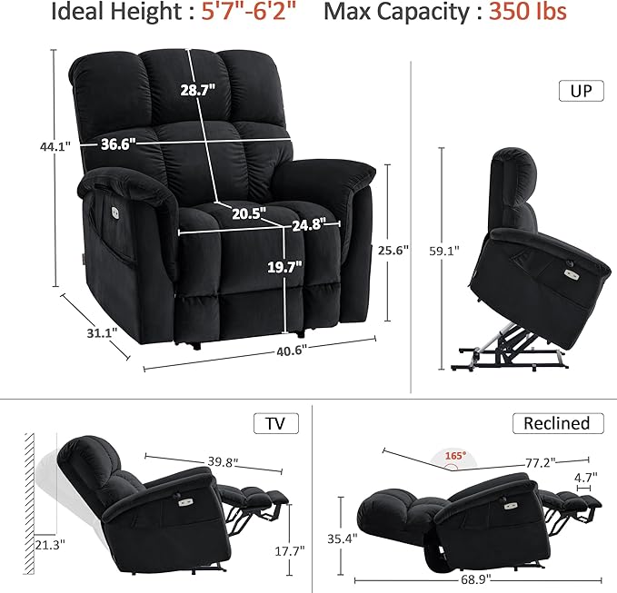 MCombo Large-Wide Dual Motor Power Lift Recliner Chair, Massage and Dual Heating for Elderly People, Infinite Position, Fabric R7166 (Black)