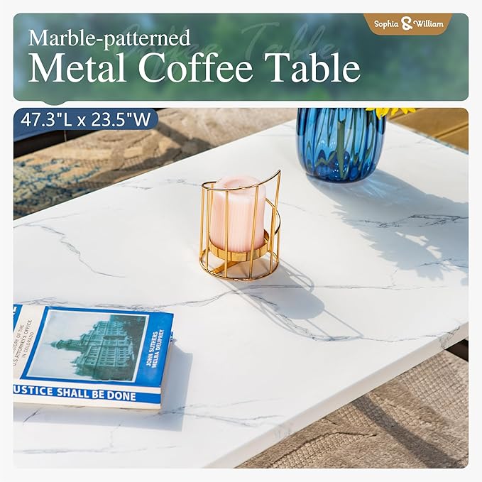 Sophia & William Patio Furniture Sets for 7 Outdoor Conversation Set 6 Pcs with 4 x Armrest Cushioned Sofa Chairs, 1 x 3-Seat Sofa, 1 Marbling Metal Coffee Table Garden Backyard Poolside Peacock Blue