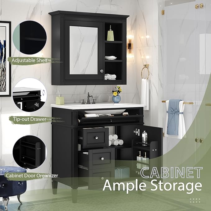 30" Bathroom Vanity with Matching Medicine Cabinet, Modern Sink Storage Cabinet with Drawers, Soft Closing Doors and Shelf, Bathroom Vanities with Sink & Mirror