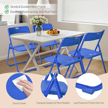 Karl home 4 Pcs Folding Chair, 300LBS Lightweight Foldable Plastic Chair, Reinforced Metal Frame Easy to Fold & Store for Indoor & Outdoor, Wedding, Party, Meeting Room, Patio and Garden, Blue