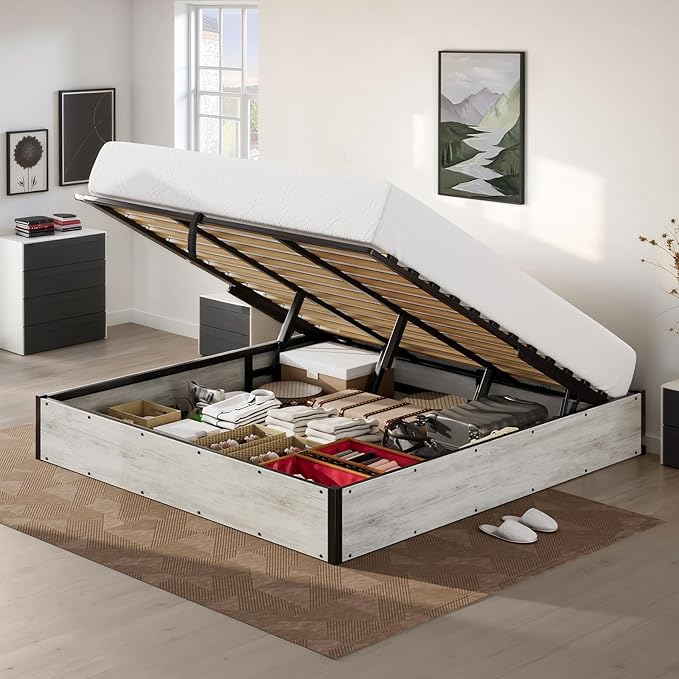 Lift Up Storage Bed Frame, Queen Size Wooden Platform Bed with Large Storage Underneath, No Box Spring Needed, Noise Free, Distressed White
