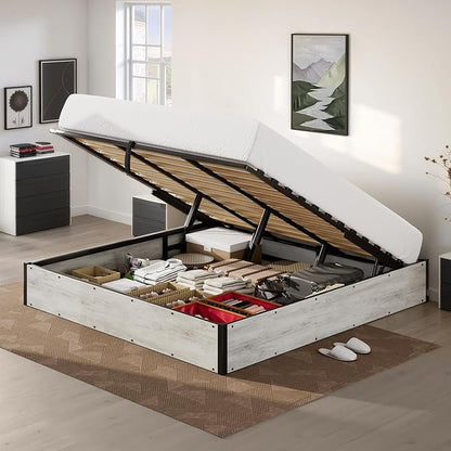 Lift Up Storage Bed Frame, Full Size Wooden Platform Bed with Large Storage Underneath, No Box Spring Needed, Noise Free, Distressed White