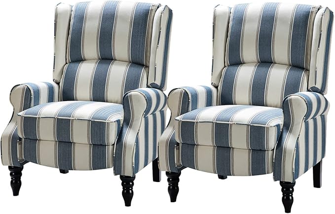 HULALA HOME Upholstered Wingback Recliner Chair Set of 2, Small Adjustable Footrest Push Back Single Reclining Sofa, Mid Century Modern Lounge Armchair for Living Room, Bedroom, Reading/Stripe Navy