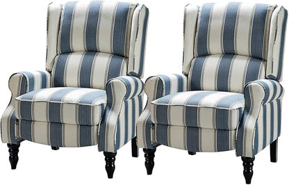 HULALA HOME Upholstered Wingback Recliner Chair Set of 2, Small Adjustable Footrest Push Back Single Reclining Sofa, Mid Century Modern Lounge Armchair for Living Room, Bedroom, Reading/Stripe Navy
