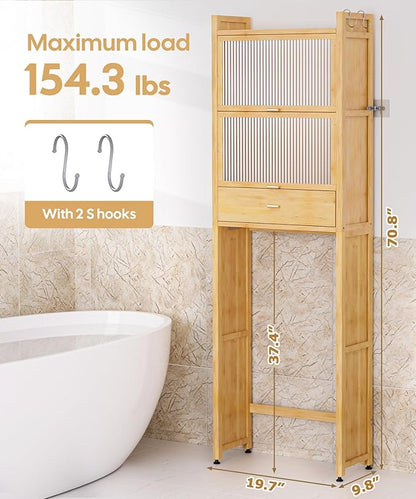 Over The Toilet Storage Shelf with Drawer, Above Bamboo Bathroom Organizer Cabinet with Anti-Tip and Waterproof Feet Pad Design, Freestanding Shelf for Bathroom (Bamboo)