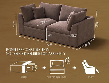78.9" Loveseat Sofa, Cloud Boneless Couches for Living Room, Modern Modular Sectional Sofa, Oversized, Brown