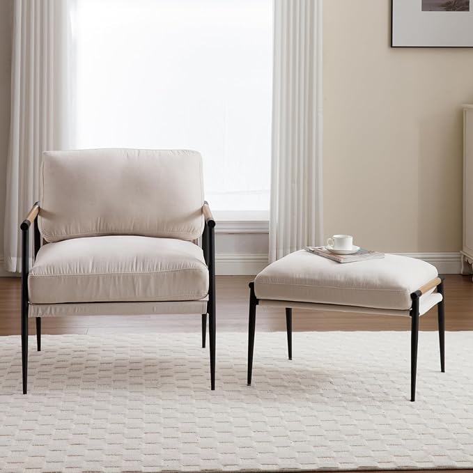 DUOMAY Mid Century Modern Accent Chair with Ottoman Set, Chenille Beige Upholstered Living Room Chair with Metal Legs Lazy Lounge Chair Set with Footrest for Bedroom Living Room