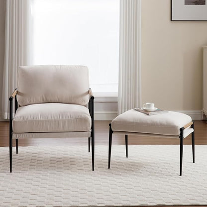 DUOMAY Mid Century Modern Accent Chair with Ottoman Set, Chenille Beige Upholstered Living Room Chair with Metal Legs Lazy Lounge Chair Set with Footrest for Bedroom Living Room