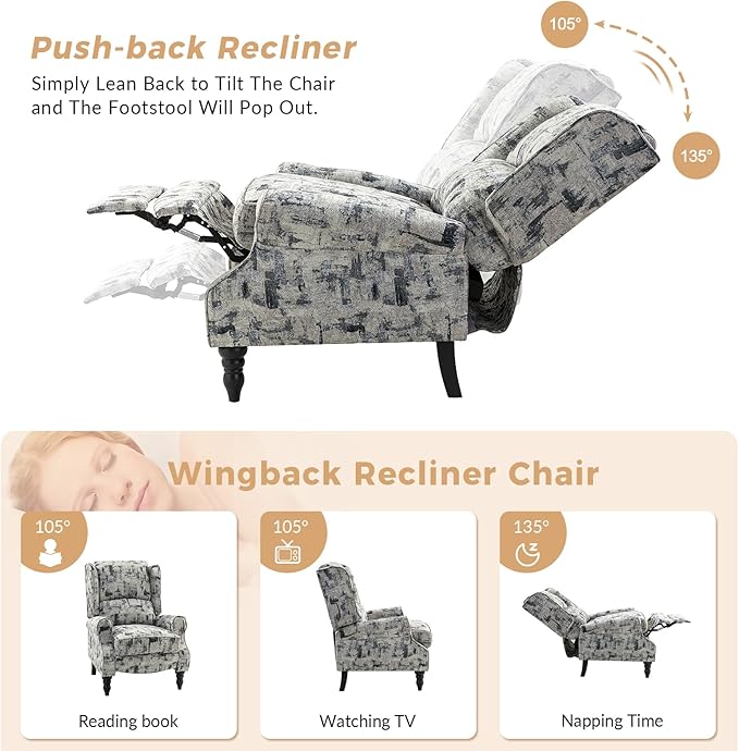 HULALA HOME Upholstered Wingback Recliner Chair, Small Adjustable Footrest Push Back Single Reclining Sofa, Mid Century Modern Lounge Armchair for Living Room, Bedroom, Reading/Grey