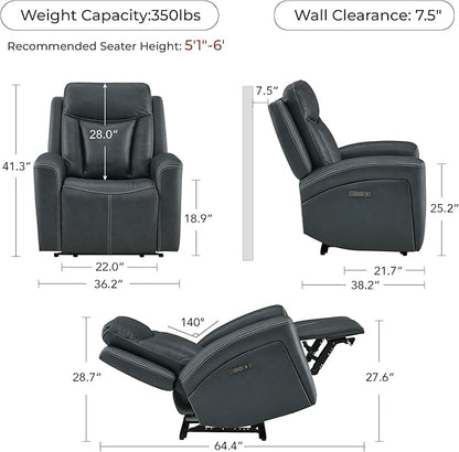 CHITA Genuine Leather Power Recliner Chair for Adults, Super Zero Gravity Recliner with Adjustable Power Headrest & USB/Type-C Ports, for Living Room, Bedroom & Home Theater, Navy Blue