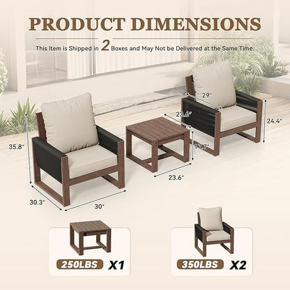 Patio Chairs 3 Piece Wood Patio Furniture with Coffee Table & Cushions, PE Wicker Outdoor Conversation Set Balcony Chairs for Garden, Porch, Deck, Backyard