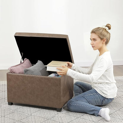 Asense Storage Ottoman Bench,Foot Stool Ottoman with Storage, Faux Leather Foot Rest Seat with Safety Hinge,Wood Legs Stool for Living Room, Bedroom,Enterway,Brown