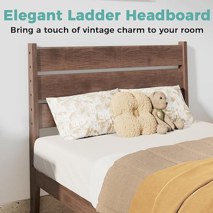 Twin Bed Frame with Ladder Headboard, Malaysian Oak Platform Bed, Modern Malaysian Oak Bed Frames with Wood Foundation, No Box Spring Needed, Easy Installation, Twin Size, Antique Espresso
