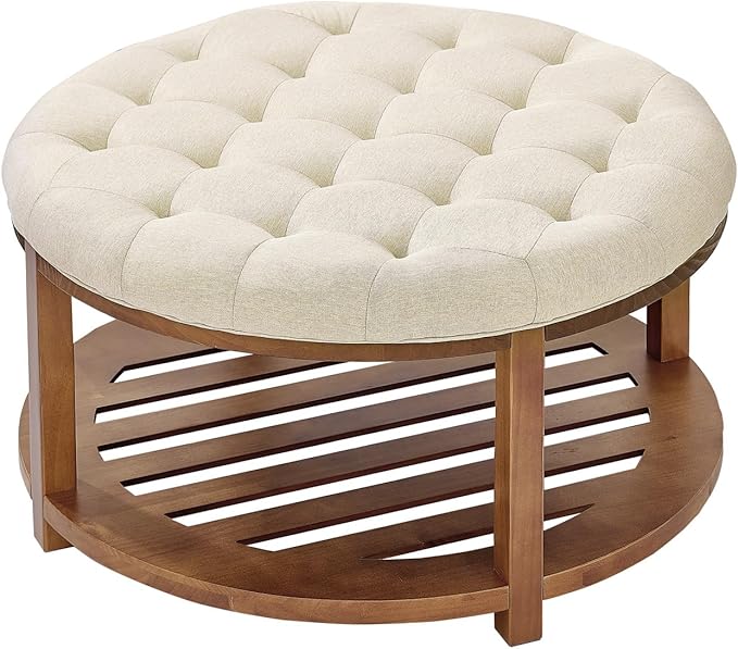 VEVOR Large Round Ottoman Coffee Table, 31.9 Inch Tufted Coffee Table with Solid Wood Shelf Storage, Linen Solid Upholstered Footrest Ottoman for Bedroom Living Room, 350 LBS, Linen Color