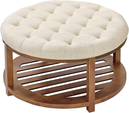 VEVOR Large Round Ottoman Coffee Table, 31.9 Inch Tufted Coffee Table with Solid Wood Shelf Storage, Linen Solid Upholstered Footrest Ottoman for Bedroom Living Room, 350 LBS, Linen Color