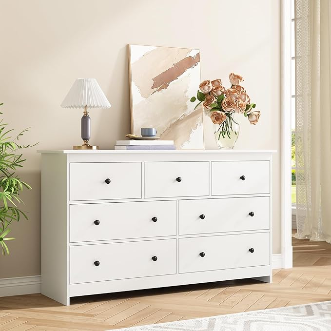 White Dresser for Bedroom, 7 Drawer Dresser with Metal Handles, 55 Inch Wide Wood Chest for Living Room, Hallway