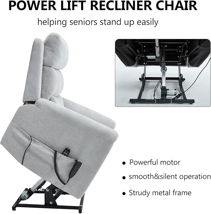 PELUMY Power Lift Recliner Chair for Elderly with Massage and Heat, Dual Motor Heavy Duty 350lbs Recliner, 8-Point Vibration & Lumbar Heating, Electric Lift Chair (Chenille, Light Grey)
