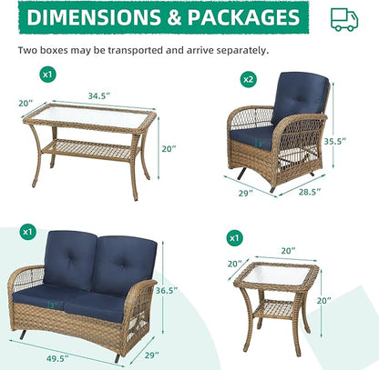 VIVIJASON 5-Piece Outdoor Patio Wicker Conversation Sets, All Weather Outdoor Rattan Furniture Set Includes Glider Loveseat, 2 Coffee Table, 2 Glider Rocker Chairs with Cushions, Navy Blue