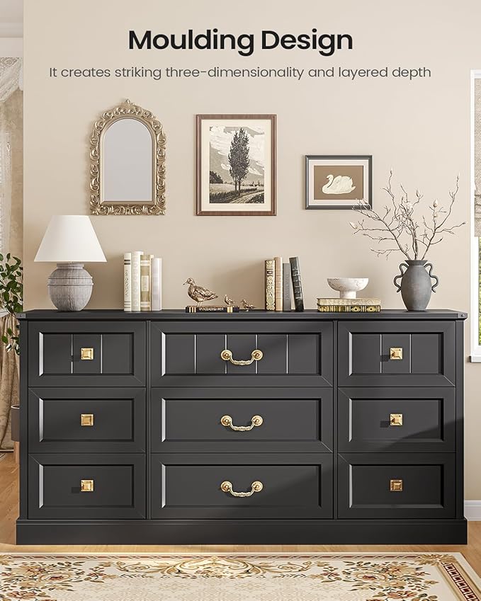 AOGLLATI Farmhouse 9 Drawers Dresser for Bedroom, 63" Wide Wood Rustic Chest of Drawers with Natural Texture, Vintage Design, Long Wide Storage Dresser for Bedroom, Black