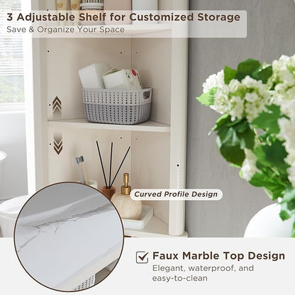 RedLemon 68" Tall Corner Cabinet, Modern Fluted Storage Cabinet with Faux Marble Top & Adjustable Shelves, Curved Profile Design, Space Saver for Bathroom, Living Room, Kitchen, Off White