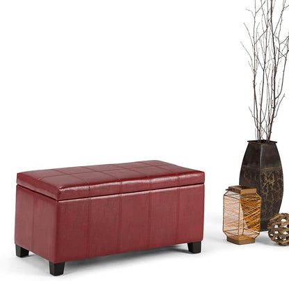 SIMPLIHOME Dover 36 inch Wide Contemporary Rectangle Storage Ottoman Bench in Radicchio Red Vegan Faux Leather, Assembled, for the Living Room, Entryway and Family Room