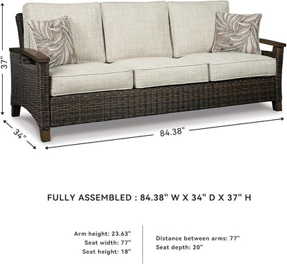 Signature Design by Ashley Paradise Trail Outdoor Patio Sofa with Cushion and 2 Throw Pillows, Cleanable Performance Fabric, Resin Wicker, Brown & Beige