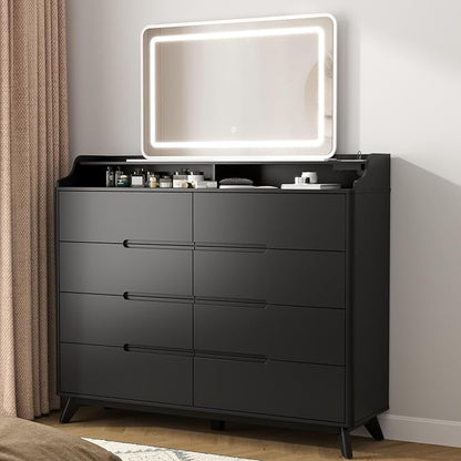 Dresser for Bedroom with 8 Drawers, 55" Large Dresser & Chest of Drawers with Charging Station, Wood Closet Clothes Storage Tall Dressers Organizer for Bedroom Living Room Hallway, Black
