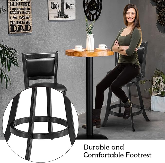 COSTWAY Bar Stools Set of 2, 360 Degree Swivel, Accent Wooden Swivel Back Counter Height Bar Stool, Fabric Upholstered Design, PVC Cushioned Seat (2 stools, Black 24'' Height)