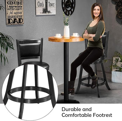 COSTWAY Bar Stools Set of 2, 360 Degree Swivel, Accent Wooden Swivel Back Counter Height Bar Stool, Fabric Upholstered Design, PVC Cushioned Seat (2 stools, Black 24'' Height)