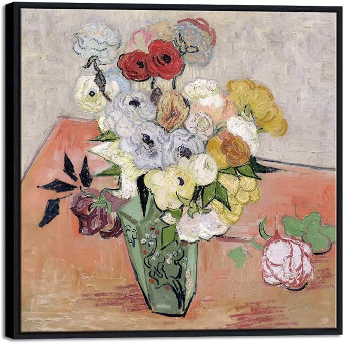 Wieco Art Framed Wall Art Japanese Vase with Roses and Anemones by Vincent Van Gogh Oil Paintings Reproduction Artwork Flowers on Canvas Wall Art for Home and office Decorations