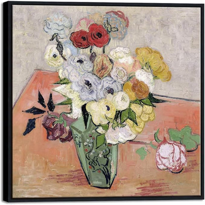 Wieco Art Framed Wall Art Japanese Vase with Roses and Anemones by Vincent Van Gogh Oil Paintings Reproduction Artwork Flowers on Canvas Wall Art for Home and office Decorations