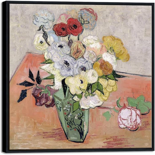 Wieco Art Framed Wall Art Japanese Vase with Roses and Anemones by Vincent Van Gogh Oil Paintings Reproduction Artwork Flowers on Canvas Wall Art for Home and office Decorations