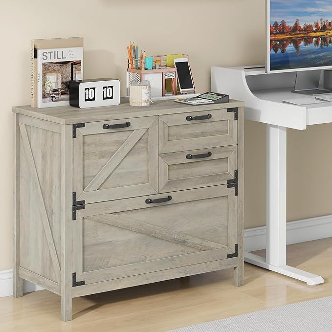 Lateral File Cabinet with 4 Drawers, Farmhouse File Cabinet for Letter/Legal/A4 Size Hanging Files, Large Wood File Storage Cabinets Printer Stand for Home Office Cabinets, Rustic Grey