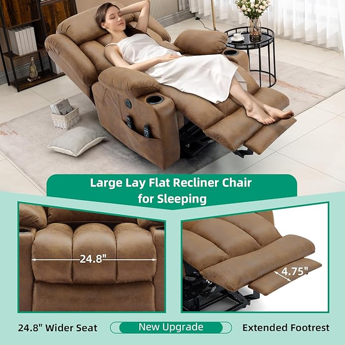 VIVIJASON Tall Man Dual Motor Power Lift Recliner Chair with Extended Footrest, Oversized Lay Flat Sleeper Electric Recliner W/Heat & Massage, Lumbar Pillow, USB & Type-C Ports, Infinite Position