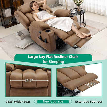 VIVIJASON Tall Man Dual Motor Power Lift Recliner Chair with Extended Footrest, Oversized Lay Flat Sleeper Electric Recliner W/Heat & Massage, Lumbar Pillow, USB & Type-C Ports, Infinite Position