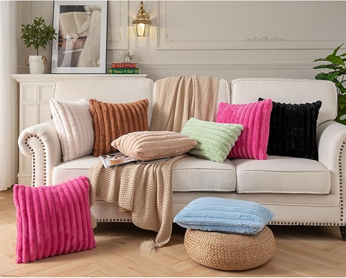 DEELAND Pack of 2,Double-Sided Faux Fur Plush Decorative Throw Pillow Covers Fuzzy Striped Soft Pillowcase Cushion Covers for Sofa Couch Bedroom Black 22x22 inch