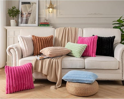 DEELAND Pack of 2,Double-Sided Faux Fur Plush Decorative Throw Pillow Covers Fuzzy Striped Soft Pillowcase Cushion Covers for Sofa Couch Bedroom Black 16x16 inch