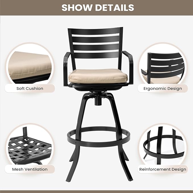 Pellebant 29.5" Sunbrella Outdoor Bar Stools Set of 2, Aluminum Swivel Patio Bar Height Bar Stools with Back & Footrest, Rust-Proof High Barstools for Deck Lawn Garden, Beige