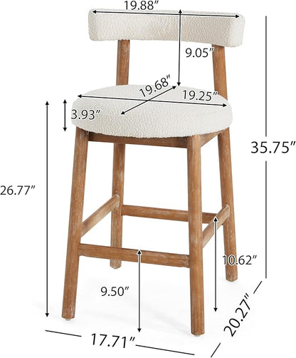 Christopher Knight Home Annes Counter Height Bar Stools Set of 2, Boucle Fabric Round Bar Stool for Kitchen Island, Wooden Dining Room Chair, Counter Stool with Footrest, Natural+Milky White