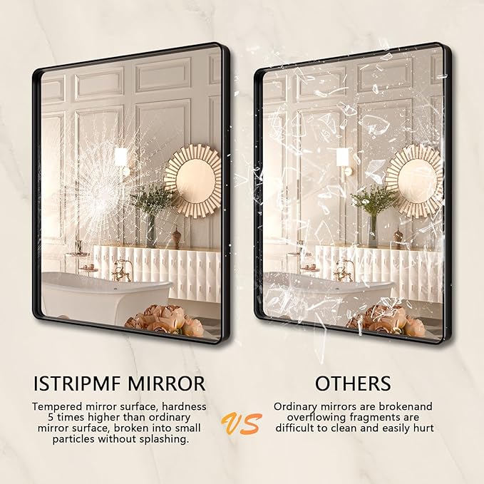 24x32 Inch Black Framed Bathroom Mirror,Matte Metal Frame Vanity Mirror,Round Corner,Farmhouse,Decorative Wall Mounted Rectangle Mirror