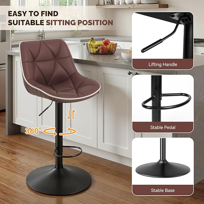 Nalupatio Bar Stools Set of 2, Adjustable Swivel Counter Height Bar Stools with Back, Armless Modern Barstools for Kitchen Island & Home Bar, Upholstered Seat,（Brown）